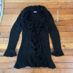 Vintage Y2K Sisters black ruffle long duster cardigan sweater size small